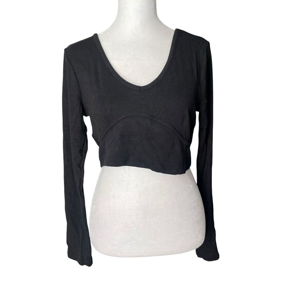 Garage Large Crop Top Long Sleeve Vneck Black Ribbed Under Bust Basic NWT